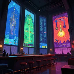 cozy room with very tall windows, bar, a lot of screens, gameplay still frame, 4 colors, pixel art, futuristic, splash screen, level design, high contrast, background, deep focus, highly detailed, dramatic lighting, digital painting, artstation, concept art, matte, greg rutkowski, moebius.