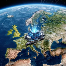 aerial view of europe with a huge super computer in the middle connected to the earth with cables visible from space, artstation, volumetric light, high detail, reflections, perfect, concept art, hdr, 8 k