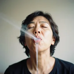 analog photographic portrait with 5 0 mm lens and f / 1 2. 0 of a 9 2 years middle aged woman with her eyes closed and spurting from her mouth a white viscous fluid floating in the air. with a slight variation of light in the liquid and gesture.