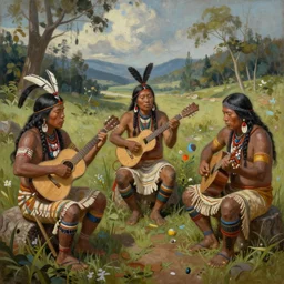 a painting of indigenous people playing music, matte painting, highly detailed, fantasy art