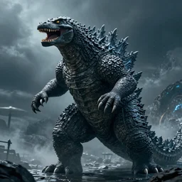 Godzilla, kaiju, sea creature, crocodile, sharp teeth, scary look, angry