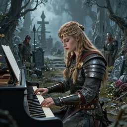 A Viking warrior queen playing a piano in an enchanted graveyard, by Ruan Jia and Mandy Jurgens and Artgerm and William-Adolphe Bouguerea and Tom Bagshaw, concept art, smooth, sharp focus, illustration, breathtaking digital 2d cover art