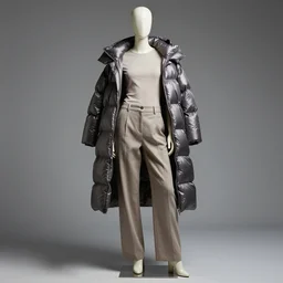 a full body shot of a female mannequin, designed by hans boodt mannequins, wearing baggy pants, a tight top and a shiny, puffy coat, epic studio lighting, fashion photography