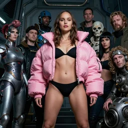 beautiful fantasy character portrait, natalie portman, wearing oversized puffy pink bomber jacket and black bikini, ultra realistic, wide angle, seductive pose, cyberpunk artifacts, highly detailed by peter mohrbacher, hajime sorayama, wayne barlowe, boris vallejo, aaron horkey, gaston bussiere, craig mullins