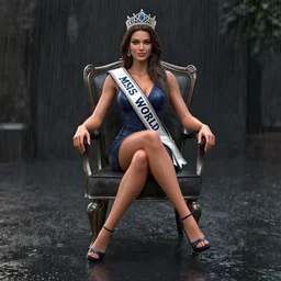 3 d octane render unreal engine of miss of the world sitting on the chair in the rain by greg rutkowski and conrad roset