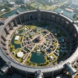 inside of an o'neil cylinder space colony. an aerial view of a town with a lake and a river inside the colony