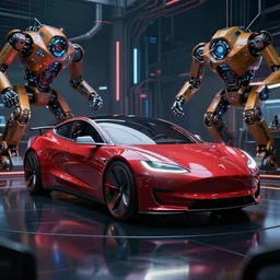 a photo of a futuristic science fiction tesla car on a reflective black floor in a cyberpunk robot factory, hyper detailed, smooth, high contrast, volumetric lighting, octane, jim lee, craig mullins, vibrant rich deep color