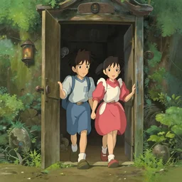 a boy and girl entering a fantastical world in a closet in the style of studio ghibli