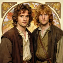 a detailed matte portrait of jensen ackles dressed as frodo baggins and jared padalecki as samwise gamgee, masterpiece, 8 k, art by alphonse mucha and greg rutkowski