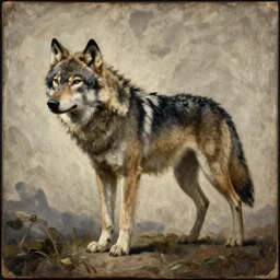 renaissance oil painting of a wolf, old canvas