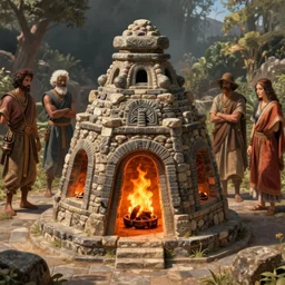 mediterranean nuragic fire shrine, highly detailed, digital painting, artstation, concept art, sharp focus, illustration, art by artgerm and greg rutkowski and raphael lacoste and magali villeneuve
