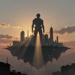 futuristic urban island city at dusk. the imposing silhouette of a shadowy space cop. cgartist. leading lines. volumetric lighting. god rays. edward hopper. digital matte painting. akeystu. # c 4 d