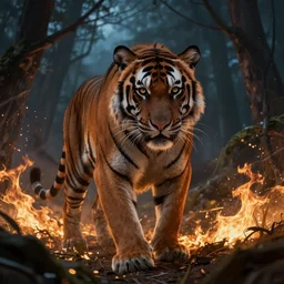 one tiger in the burning night forest, mystery, scared, fantasy, highly detailed, digital painting, concept art, sharp focus, illustration, beautiful volumetric lighting, epic light, artstation