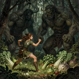An illustration, of a Girl warrior in a dark forest fighting with geants vegetables. By James Jean, By Gustave Doré. Trending on artstation.