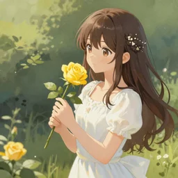 A 2d painting of giorno giovanna holding a branch of yellow rose during a marriage proposal, pixiv style