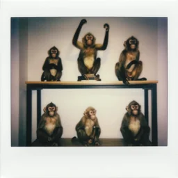 shelf of taxidermy monkeys, studio lighting, 5 0 mm, polaroid