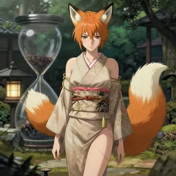 a detailed digital painting of a tied up kimono girl with fox ears and tail, in japanese garden, hourglass slim figure, au naturel, intricate complexity, concept art, by wlop, krenz cushart, kyoto animation. cinematic dramatic atmosphere, sharp focus