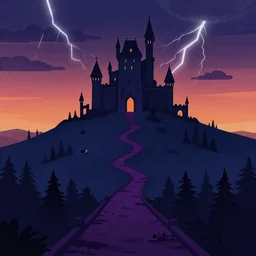 giger illustration. dark purple steep and zig - zag path to evil fantasy castle over a high dark blue hill at night. orange to pink gradient sky and thunderstorm background. forest underneath