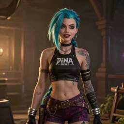 Margot Robbie as real-life Jinx from Arcane, league of legends, cinematic, Wide-shot, atmospheric lighting, directed by Quentin Tarantino, extreme detail, 8K, movie still