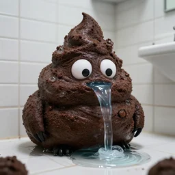 a poop monster drinking urine in a white tile room. photograph. dramatic.