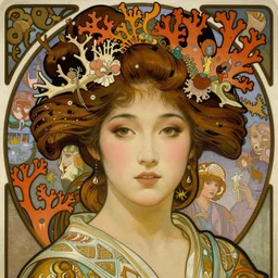 realistic detailed face portrait of an elaborately dressed beautiful young geisha with coral reef hair by alphonse mucha, ayami kojima, amano, charlie bowater, karol bak, greg hildebrandt, jean delville, and mark brooks, art nouveau, neogothic, gothic, rich deep moody colors, coral reef by ernst haeckel, character concept design