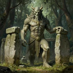portrait of stone henge as a hulking herculean demon, forest, godlike, full body, fantasy, intricate, elegant, highly detailed, digital painting, artstation, concept art, sharp focus, illustration, art by artgerm and greg rutkowski and alphonse mucha