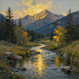 A serene painting of The Golden Glistening Lights gleam on Calm summer Mountainous Brook as Dusk Looms Near