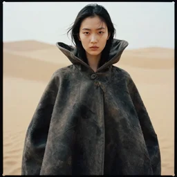 a film still of a gorgeous girl in cloak designed by yohji yamamoto and rick owens, in vogue and gq editorial fashion photography, medium close - up, cannon ef 6 5 mm f / 2. 8 in dune