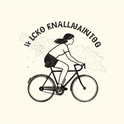 minimalist logo depicting a girl in shorts riding a bicycle, inked outline, map of lake balaton in the background, retro cycling, victo ngai, kilian eng, lois van baarle, behance