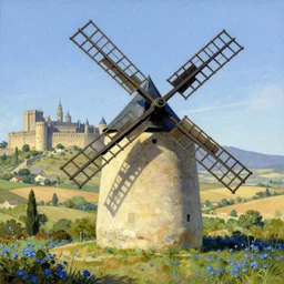 long shot of a windmill, spots of blue flowers nearby, medieval french landscape, Carcassonne, city of carcassonne in the background, by Stanley Artgerm Lau, WLOP, Rossdraws, frank frazetta, Andrei Riabovitchev, Marc Simonetti, tranding on artstation