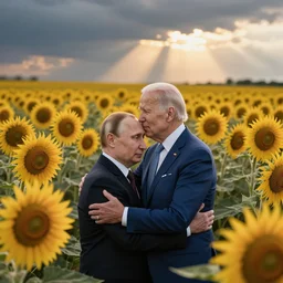 Putin hugs Joe Biden in a sunflower field