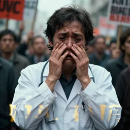 detailed, sharp, propaganda poster for a strike of a sad and gloomy crying physician wearing a white coat , digital art, trending on artstation, HD, 8K, highly detailed, good lighting, beautiful, epic, masterpiece