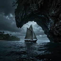 photo of a 1 9 2 5 seiner sailing with the jamaican shoreline with the mouth of a sea cave at the waterline, dark, brooding, atmospheric, seascape, lovecraft, horror, smooth, epic, highly detailed, cinematic