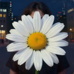 closeup, big daisy flower head, woman in modern city, surreal photography, night light, dark, impressionist painting, digital painting, artstation, simon stalenhag