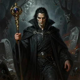 a highly detailed full - size portrait painting of a male evil sorcerer holding a staff, with piercing eyes and black hair standing in dark tomb setting, dynamic lighting, ambient light, volumetric light, nvidia, deviantart, art by artgerm and karol bak and frazetta