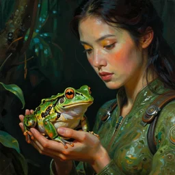 close - up shot, futuristic sci - fi woman holding a frog in a jungle. reflective textures. deep green and orange tones. black background. highly detailed science - fiction painting by norman rockwell, moebius, frank frazetta, syd mead, donato giancola. rich colors, high contrast. artstation
