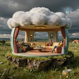 cropped photo of!!!!! plastic sculpture!!!!, depicting a!! futuristic lounge room!! on the edge of a meadow with billowing clouds. ( ( sculpture styling influenced by norman rockwell + frank frazetta + syd mead ) ) ( rich colors, high contrast, gloomy atmosphere )