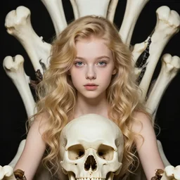 editorial photo of girl on bones throne, blonde, curly hair, clean big eyes, symmetrical beautiful face, clean skin, skull jewelry, native costume and accessories,, fashion editorial photography, hyperrealistic, from vogue magazine, ultra realistic, artgerm, reflections, gold, teal, orange