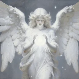 highdetailed hyperrealistic painting of white angel!!! no gender!!!, giant ball of miracle light from the chest!!!!!, white sparkles everywhere, 4 k hd fur face!!!, big wings, by jan van eyck, holography space, glow effect, large strokes, soft and clean, white monochrome color!!!!!