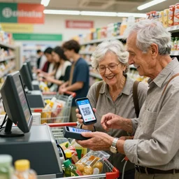 old wrinkled couple in the cash registry of a grocery shop, they are paying with their smartphones, holds up smartphone displays with a qr code, shopping carts are all full of groceries, in the background we see a long long line of young customers, advertisement photo by rehahn