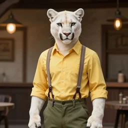 beautiful portrait commission of a male furry!!! anthro!!! albino mountain lion!!! wearing a yellow button-down shirt, olive green slacks, and suspenders. Old-timey saloon. Atmospheric. Renowned character illustration by greg rutkowski, thomas kindkade, alphonse mucha, loish, norman rockwell. detailed, inked, western comic book art