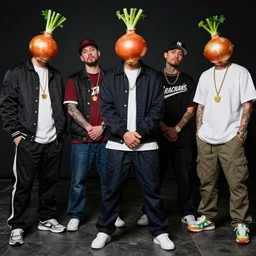 gangster rappers the Onion Heads in a turf war with the rival Celery Foot gang. Each gang can be distinguished by wearing their colours and their onion heads and celery feet. Award winning photography