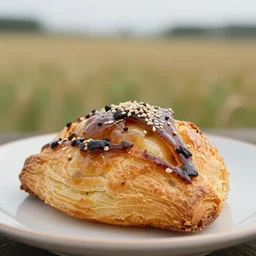Photorealistic close up of a really tasty looking pastry on a plate with a field out of focus in the backgroud 50mm f1.4