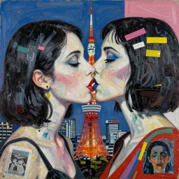 beautiful painting of two bizarre psychedelic women kissing each other closeup in tokyo, speculative evolution, mixed media collage by basquiat and junji ito, magazine collage art, paper collage art, sapphic art, lesbian art