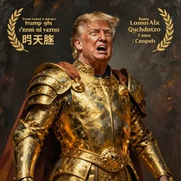 Donald Trump as the god-emperor of mankind, he wears his golden armor, epic full shot, cinematic lighting, oil painting, award winning on Artstation, hyper detailed, hyper realistic, righteous wrath on his face, by Michelangelo