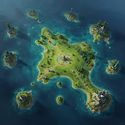 ultra realistic illustration, many tiny islands on vast ocean, mobile game map, matte painting, hyper detailed photo realism by greg rutkowski, rich contrast of colors, 1 0 0 mega pixels, league of legends artwork