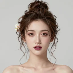 complex 3 d render, ultra detailed, portrait of a beautiful porcelain skin woman, face, wavy hair worn tied back in a messy bun, flowers in hair brown eyeshadow, mauve lips, natural makeup, 1 0 0 mm lens, beautiful, studio portrait,