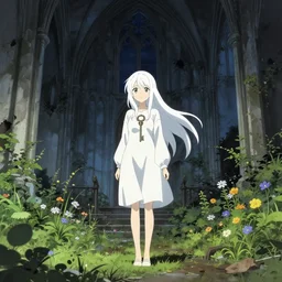 anime kyoto animation key by greg rutkowski night, single white hair girl in abandoned chapel with overgrown flowers and plants