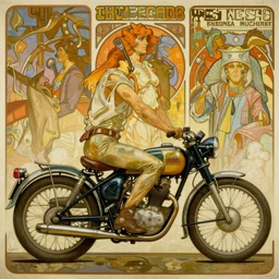 vintage classic motorcycle, alphonse mucha and moebius and ralph mcquarrie style, retro sci - fi, thx 1 1 3 8, blade runner 2 0 4 9, pulp sci - fi, painting
