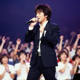 photo of singer singing in an japan 1 9 8 0 pop big concert, and people enjoying the show, color photo, colored, ( sony a 7 r iv, symmetric balance, photolab, lightroom, 4 k, dolby vision, photography award )